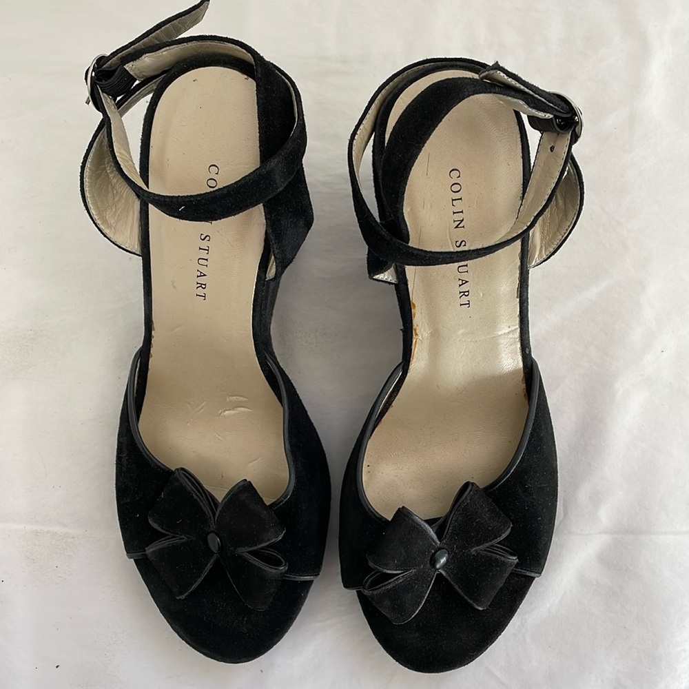 Black suede ankle strap flower wedge sandal